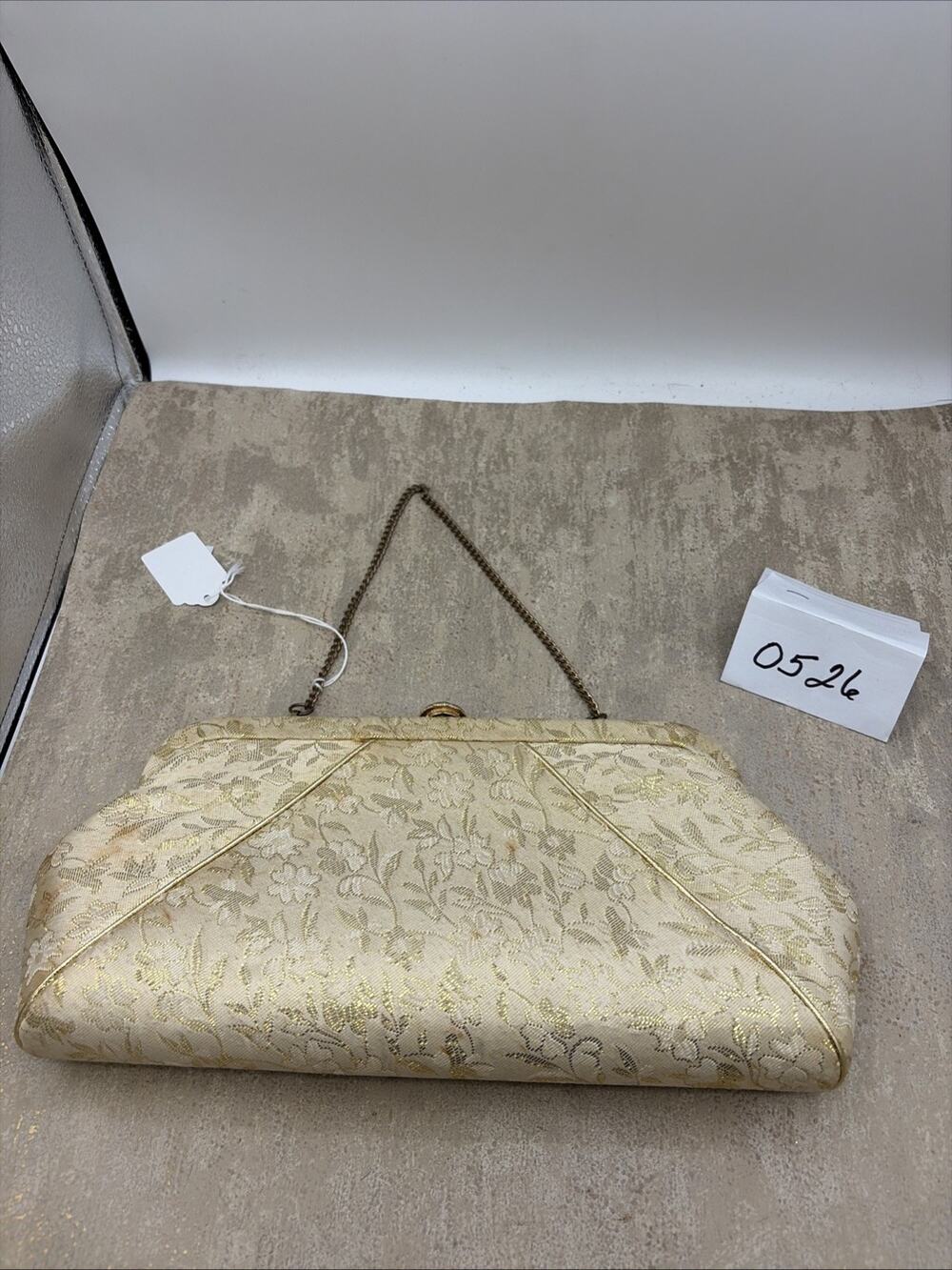 Vintage Ivory & Gold brocade Evening clutch Purse With A Chain Strap 12” Long